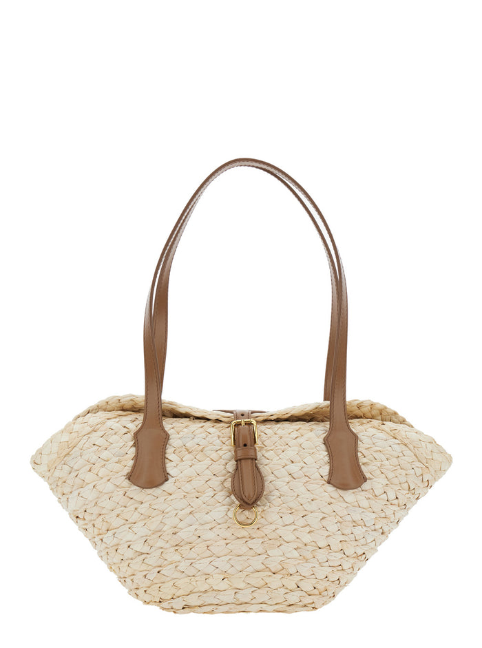 Beige Shoulder Bag with Two Top Handles and Interwoven Design in Raffia Woman Mais Calf