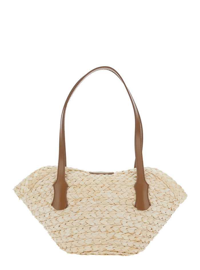 Beige Shoulder Bag with Two Top Handles and Interwoven Design in Raffia Woman Mais Calf
