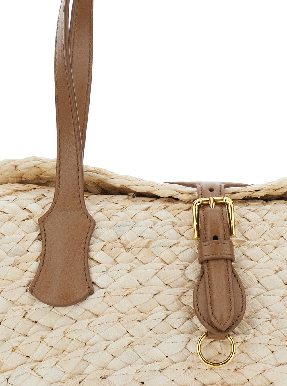 Beige Shoulder Bag with Two Top Handles and Interwoven Design in Raffia Woman Mais Calf
