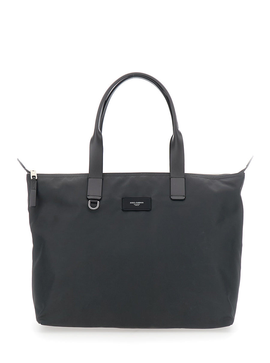 Grey Tote Bag With Top Handles And Logo Plaque Polyamide