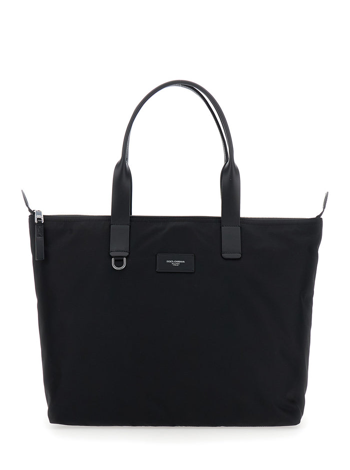 Black Tote Bag with Two Top Handles and Logo Plaque on the Front in Tech Fabric Man Polyamide Acrylic Viscose