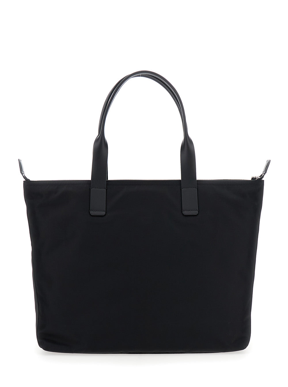Black Tote Bag with Two Top Handles and Logo Plaque on the Front in Tech Fabric Man Polyamide Acrylic Viscose