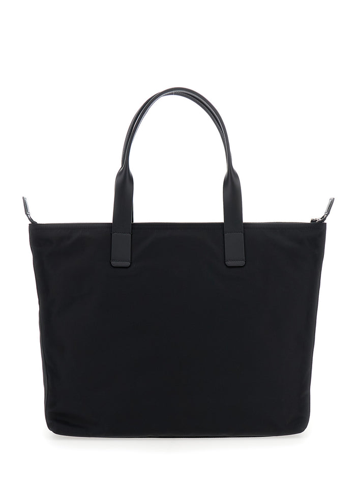 Black Tote Bag with Two Top Handles and Logo Plaque on the Front in Tech Fabric Man Polyamide Acrylic Viscose