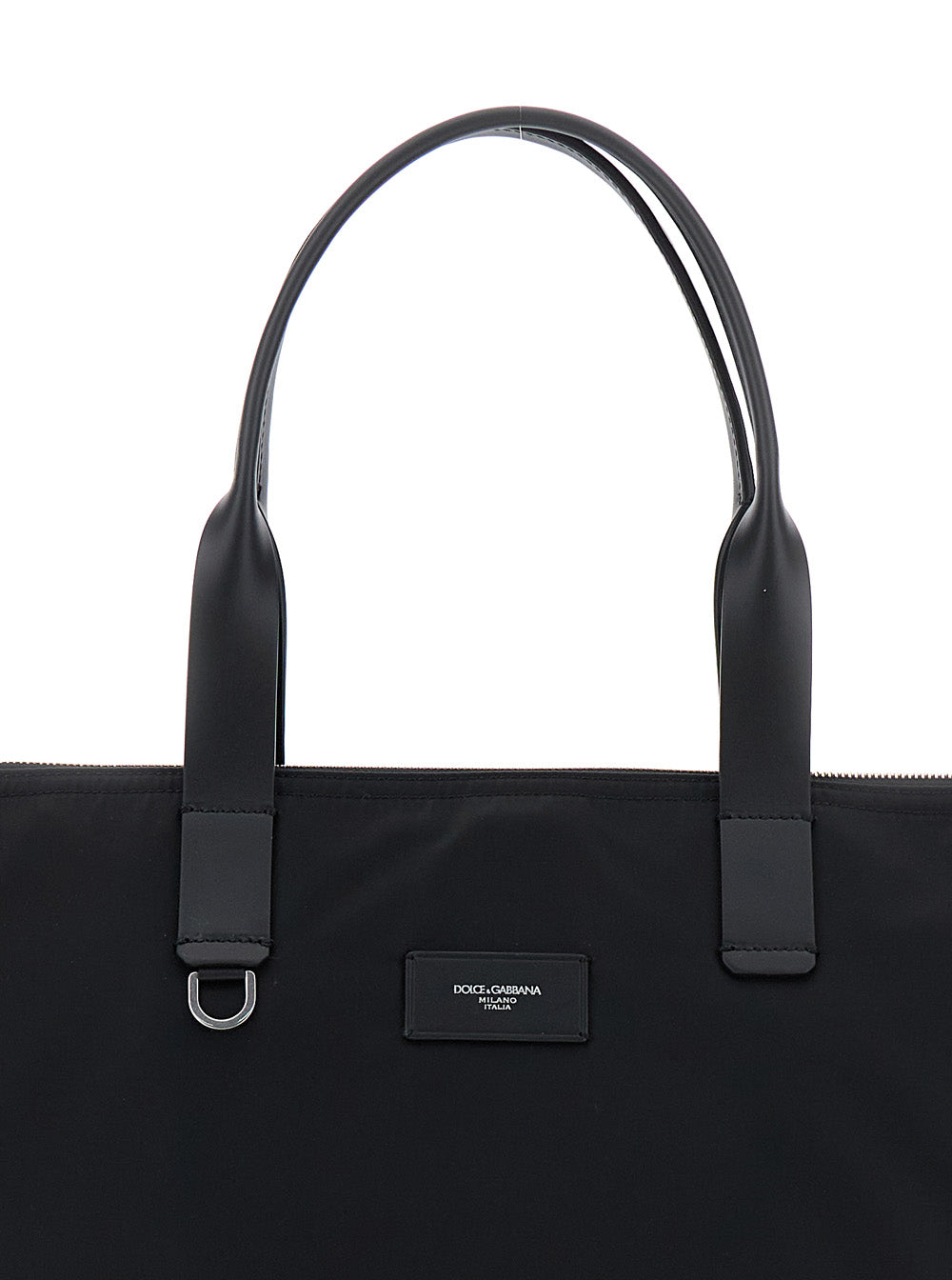 Black Tote Bag with Two Top Handles and Logo Plaque on the Front in Tech Fabric Man Polyamide Acrylic Viscose