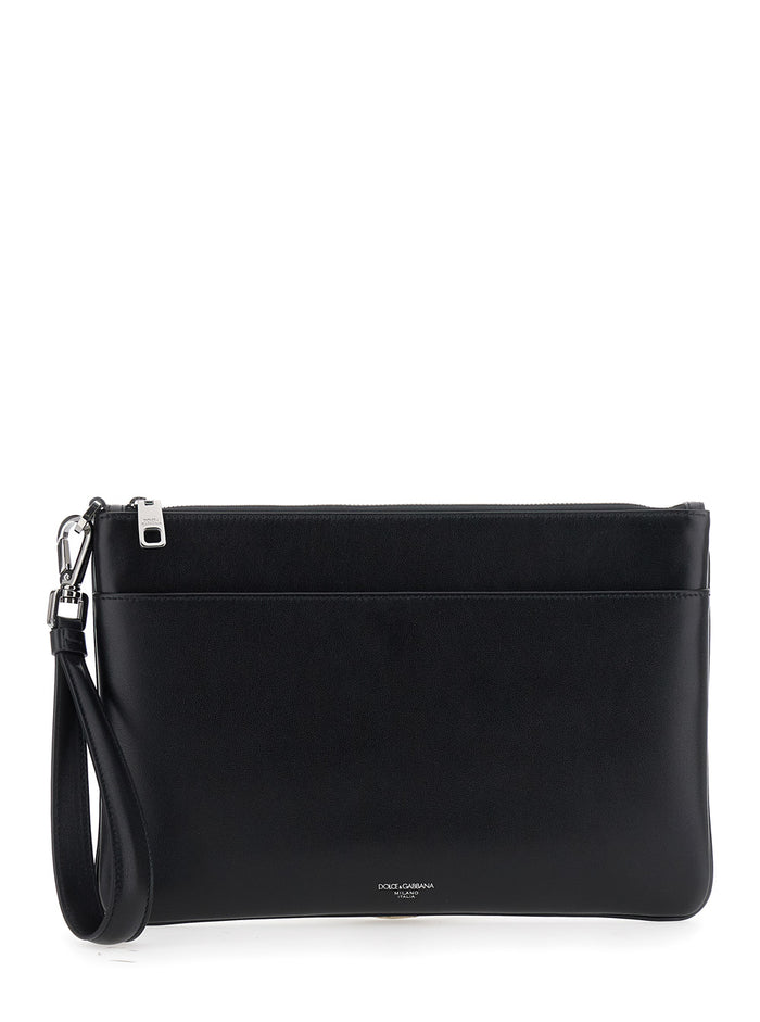 Black Clutch with Removable Wrist Strap and Logo Lettering on the Front in Leather Man Calf Clutches Pochettes