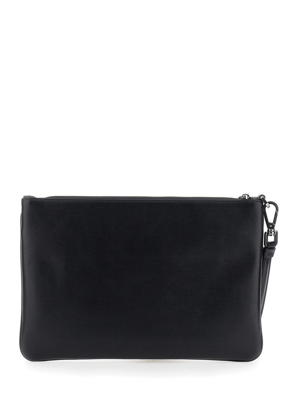 Black Clutch with Removable Wrist Strap and Logo Lettering on the Front in Leather Man Calf Clutches Pochettes