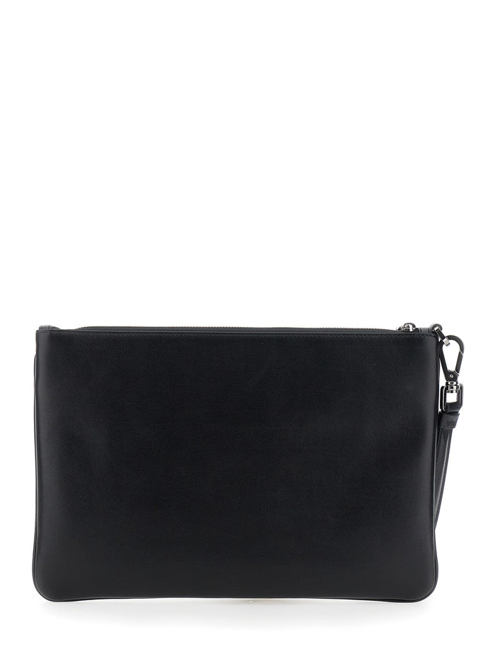 Black Clutch with Removable Wrist Strap and Logo Lettering on the Front in Leather Man Calf Clutches Pochettes