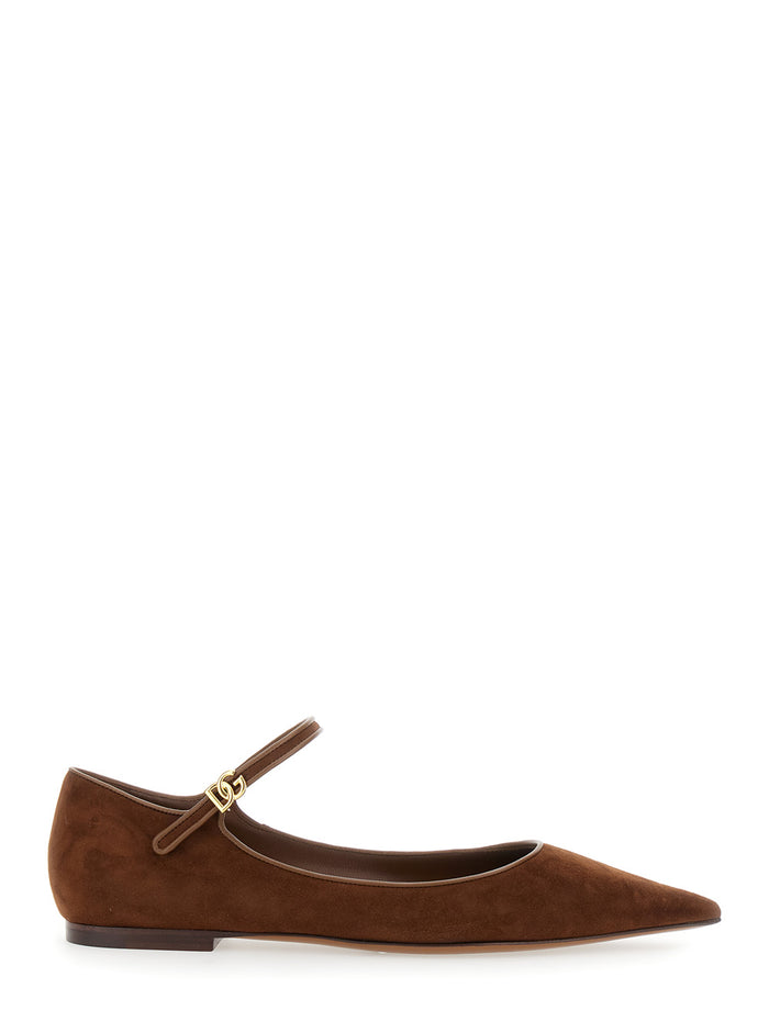 Brown Pointed Toe Ballerinas with DG Logo on the Side in Suede Woman Goat Lamb