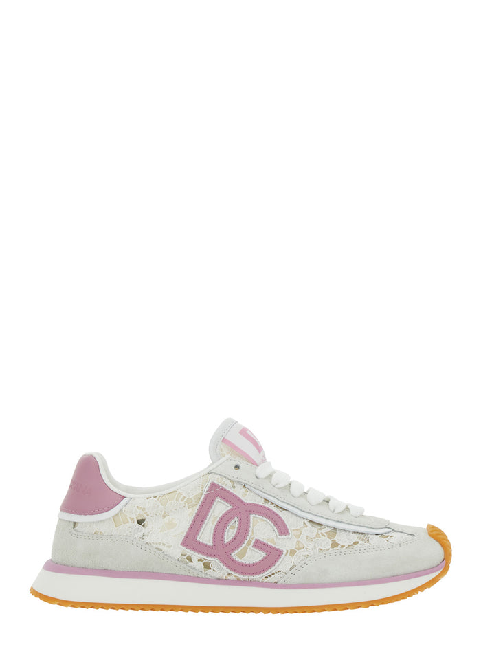 White Low Top with Lace Details and DG Patch on the Side in Fabric Suede Blend Woman Viscose Cotton Polyamide Sneaker