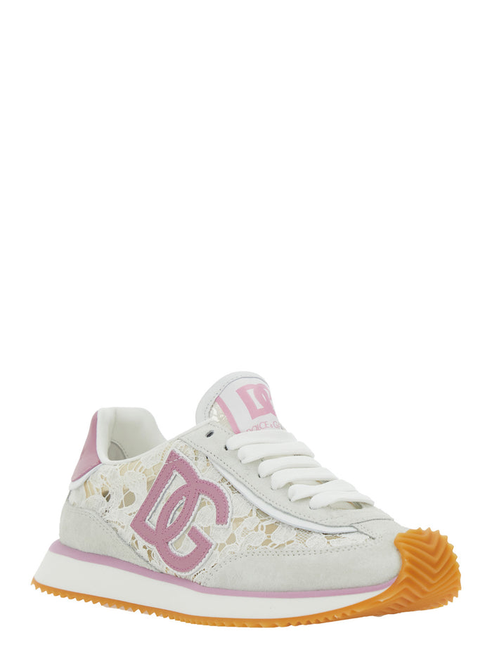 White Low Top with Lace Details and DG Patch on the Side in Fabric Suede Blend Woman Viscose Cotton Polyamide Sneaker