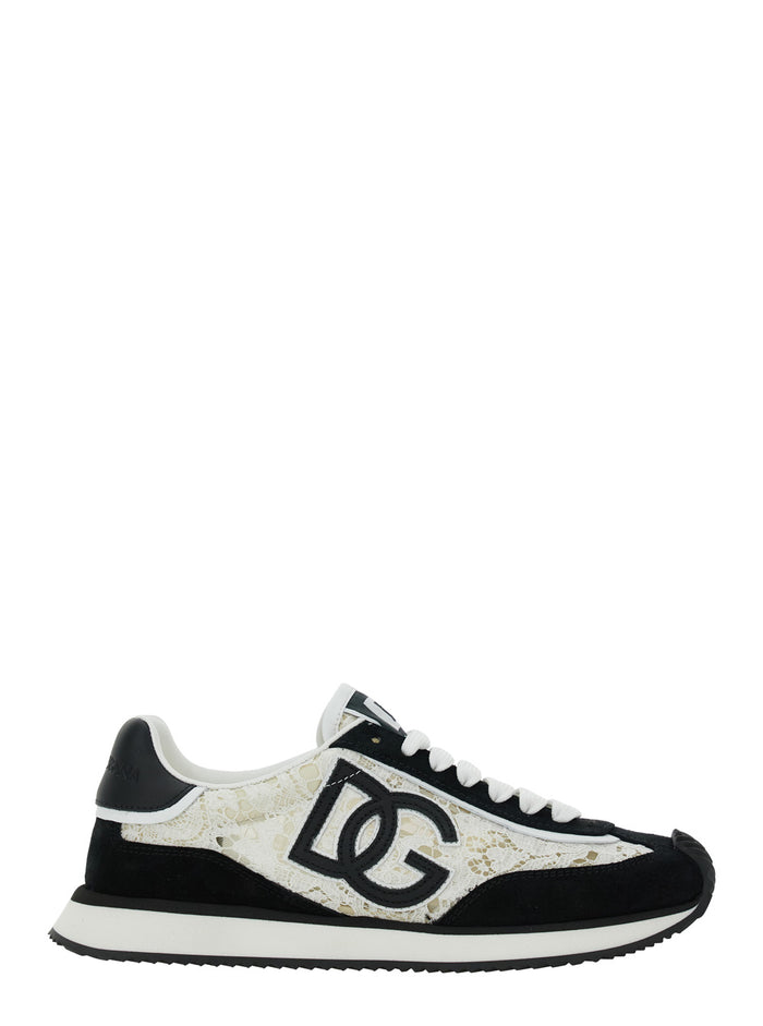 Black and White Low Top with Lace Details DG Patch on the Side in Fabric Suede Blend Woman White/black Viscose Cotton Polyamide Sneaker