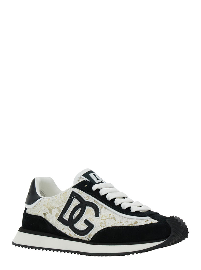 Black and White Low Top with Lace Details DG Patch on the Side in Fabric Suede Blend Woman White/black Viscose Cotton Polyamide Sneaker