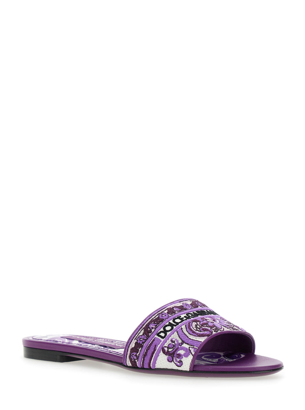 Violet Sandals with Logo Embroidery on the Front and All-Over Majolica Motif in Cotton Blend Woman Lamb Flat Shoes