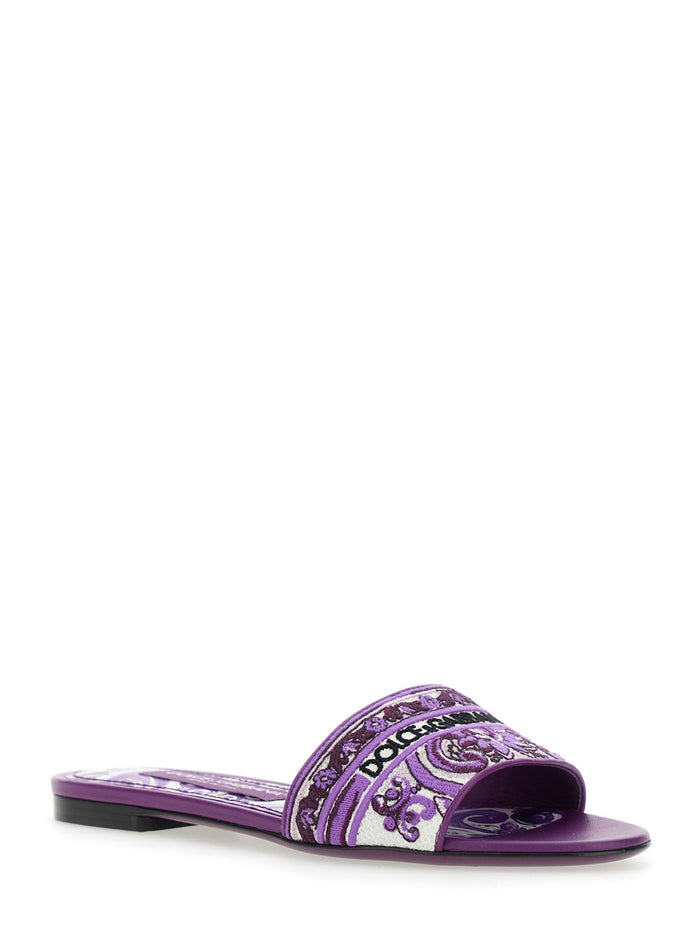 Violet Sandals with Logo Embroidery on the Front and All-Over Majolica Motif in Cotton Blend Woman Lamb Flat Shoes