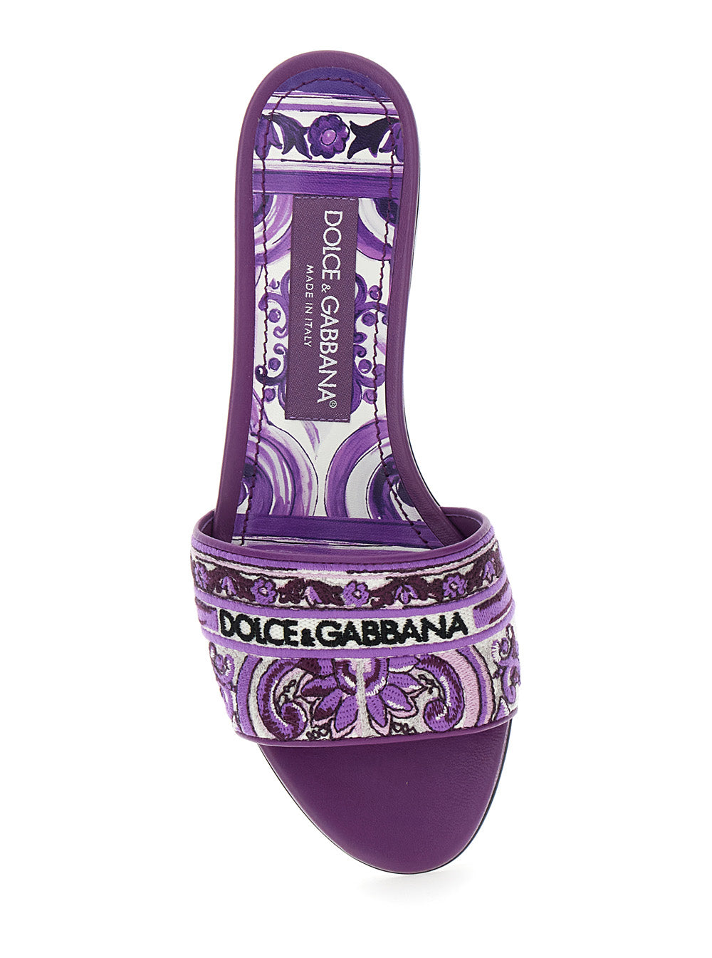 Violet Sandals with Logo Embroidery on the Front and All-Over Majolica Motif in Cotton Blend Woman Lamb Flat Shoes