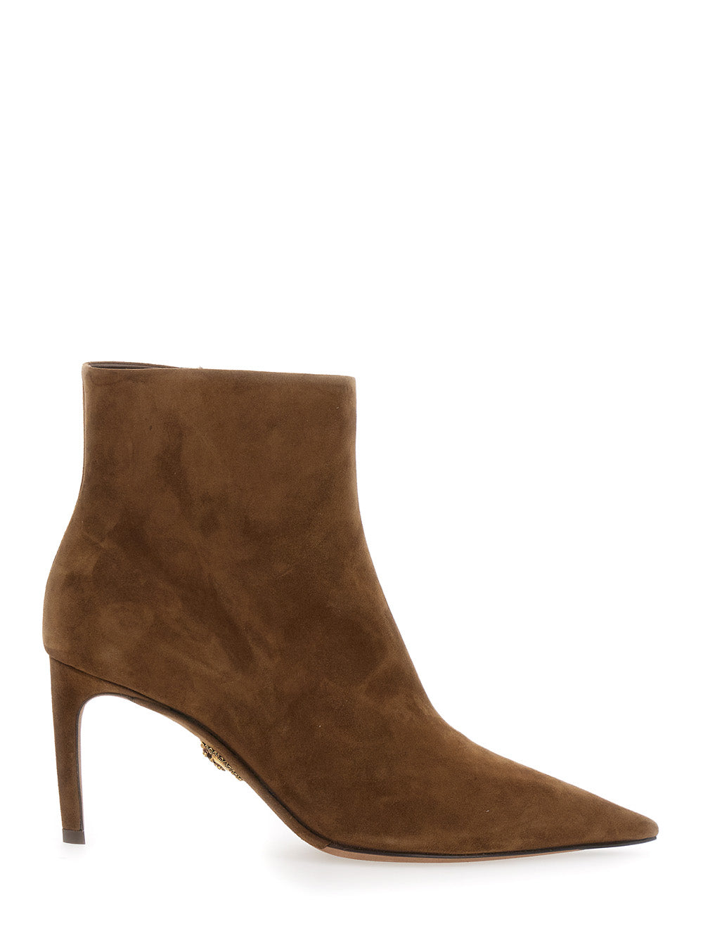 Beige Ankle Boots with Pointed Toe and Metallic Logo in Suede Woman Brown Goat