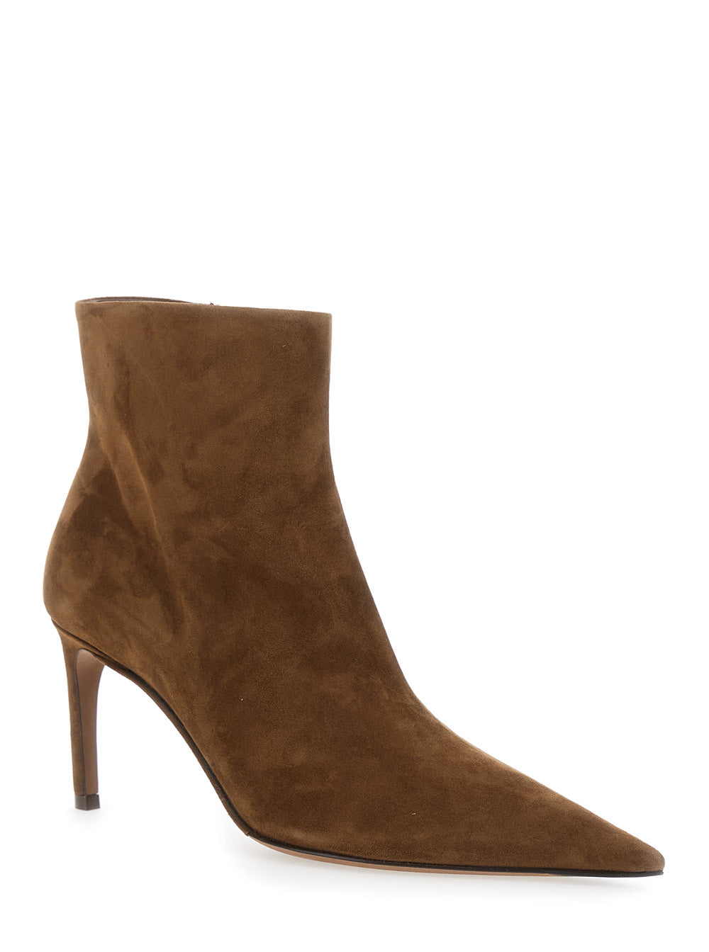 Beige Ankle Boots with Pointed Toe and Metallic Logo in Suede Woman Brown Goat