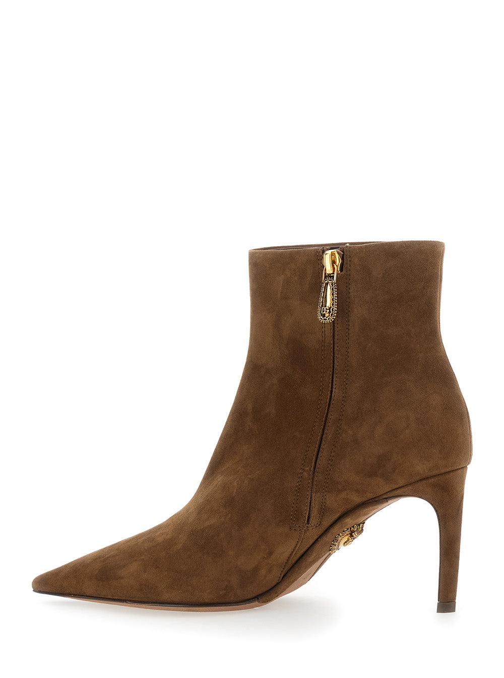 Beige Ankle Boots with Pointed Toe and Metallic Logo in Suede Woman Brown Goat