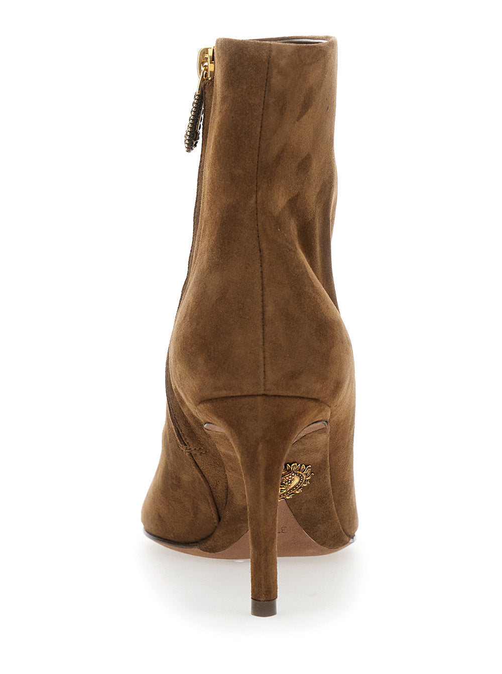 Beige Ankle Boots with Pointed Toe and Metallic Logo in Suede Woman Brown Goat