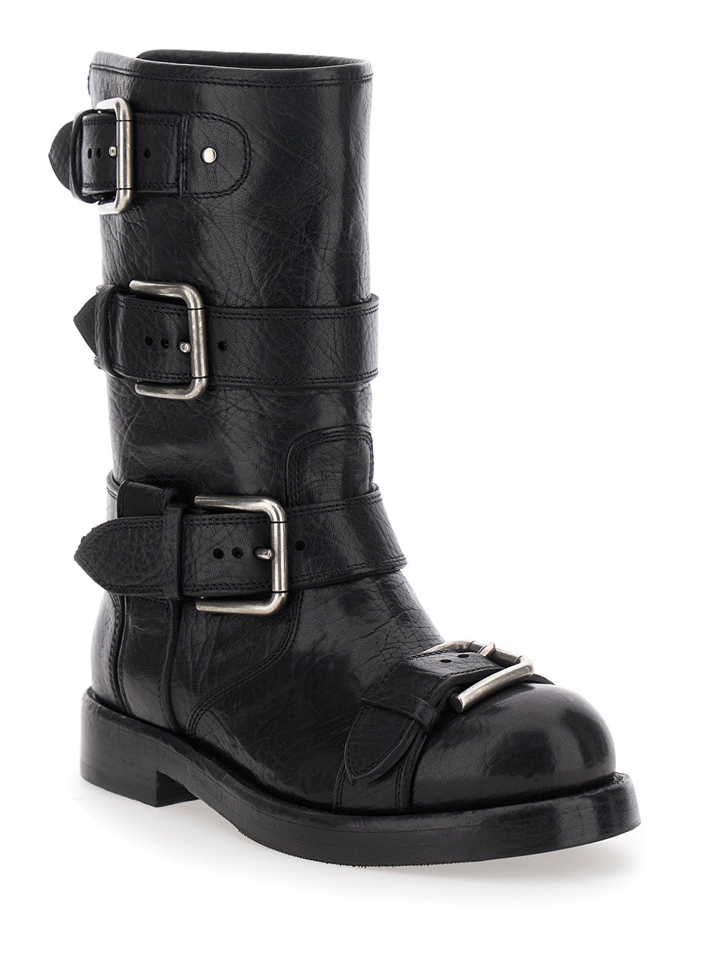 Black Ankle Boots with All-Over Buckles in Leather Woman Horse