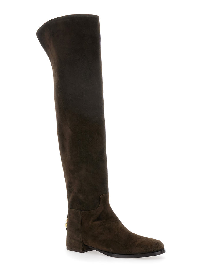 Brown Knee-High Boots with Back Logo Plaque in Suede Woman Lamb