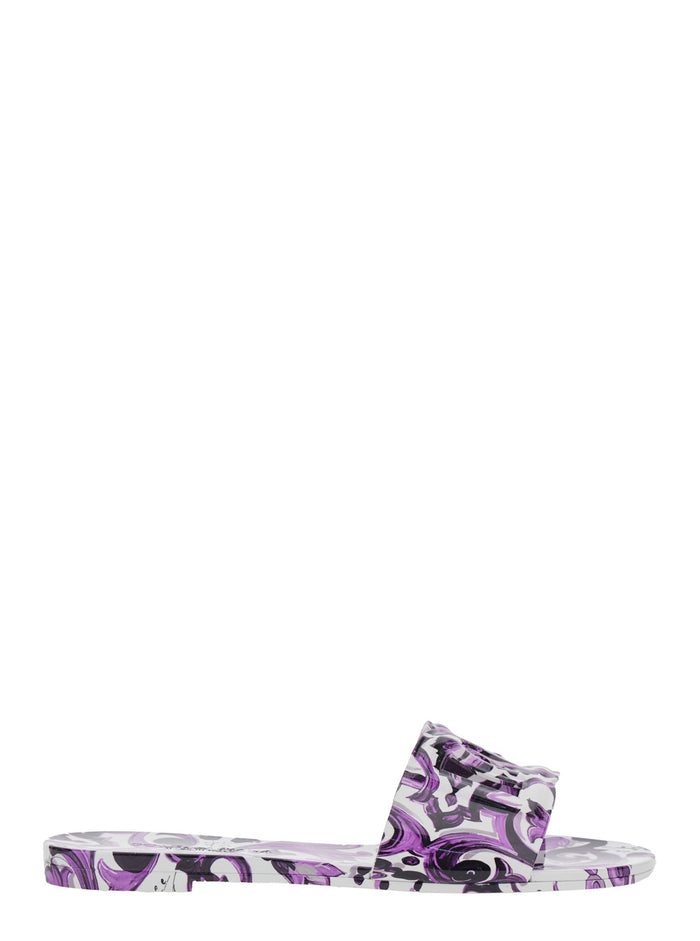 Multicolor Sandals with All-Over Maiolica Print and Round Open Toe in Tech Fabric Woman Polyester Flat Shoes