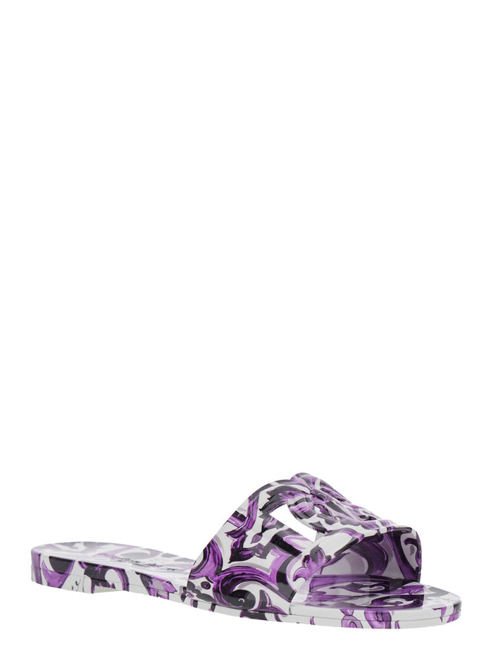 Multicolor Sandals with All-Over Maiolica Print and Round Open Toe in Tech Fabric Woman Polyester Flat Shoes