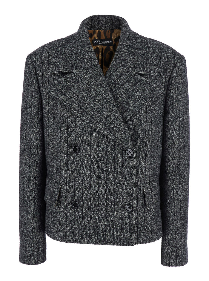 Grey Double-Breasted Jacket with Notched Revers in Wool Blend Woman Blazers
