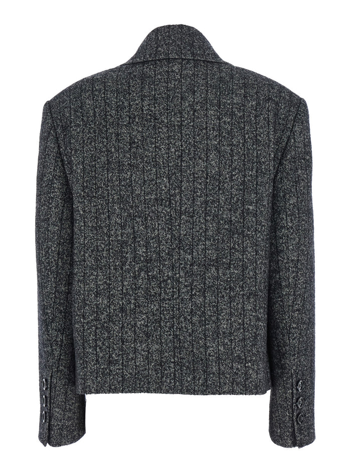 Grey Double-Breasted Jacket with Notched Revers in Wool Blend Woman Blazers
