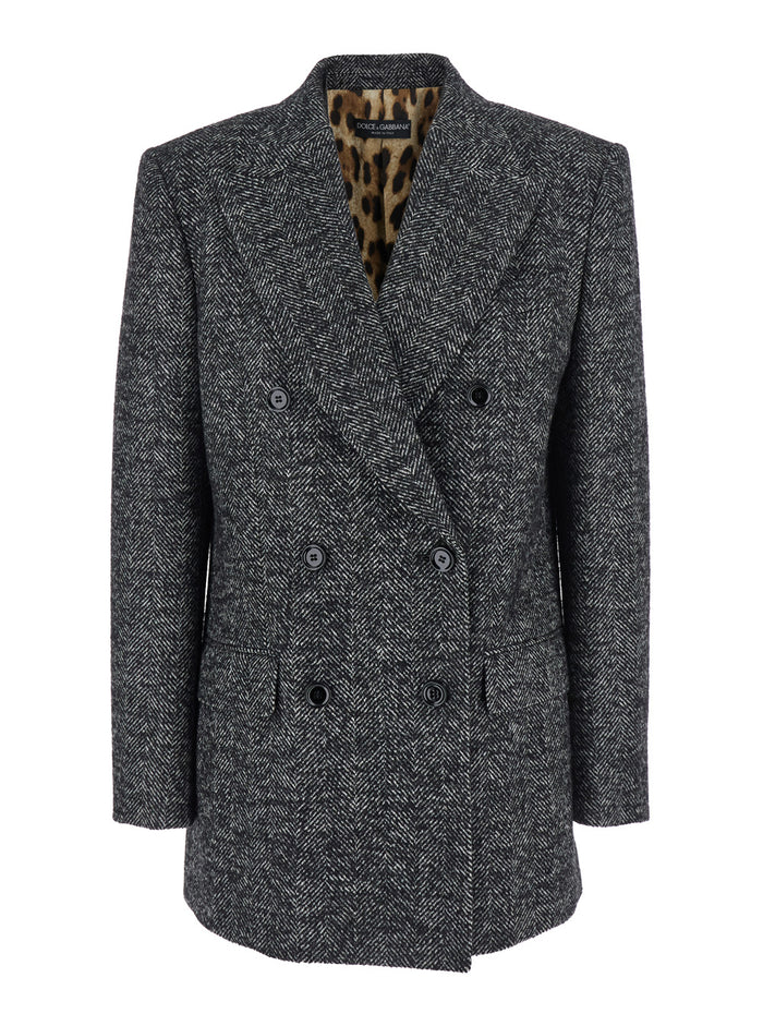 Grey Double-Breasted Jacket with Peak Revers in Wool Blend Woman Acrylic Polyester Virgin Blazers