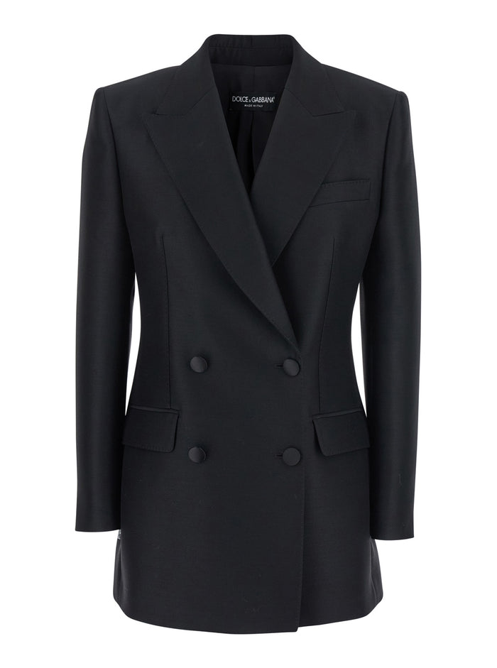 Black Double-Breasted Jacket with Peak Revers in Wool and Silk Woman Virgin Blazers