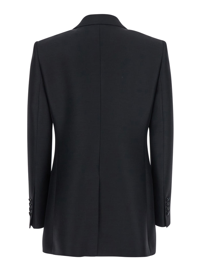 Black Double-Breasted Jacket with Peak Revers in Wool and Silk Woman Virgin Blazers
