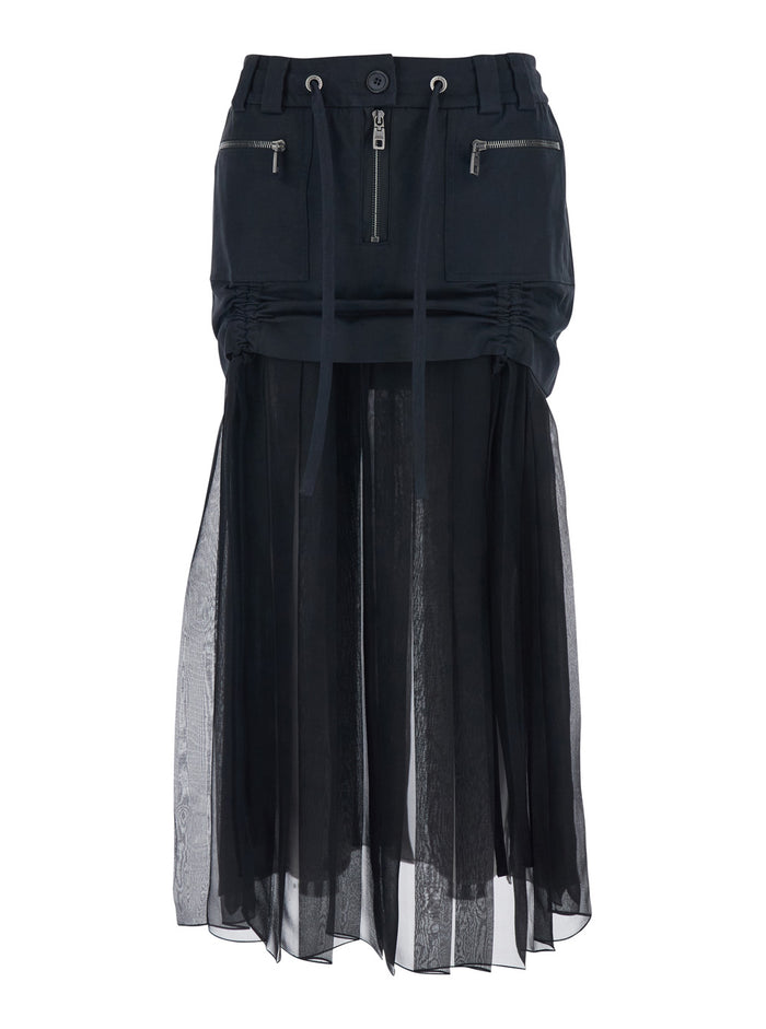 Black Skirt with Pleated Design and Drawstring Waist in Silk Blend Stretch Woman Cotton Elastane