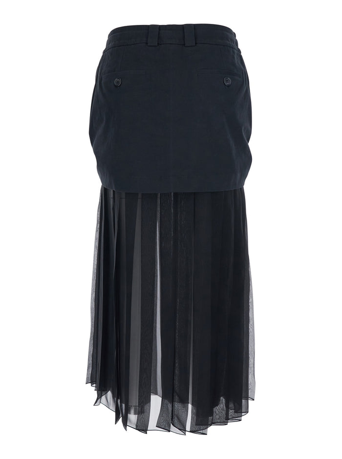 Black Skirt with Pleated Design and Drawstring Waist in Silk Blend Stretch Woman Cotton Elastane