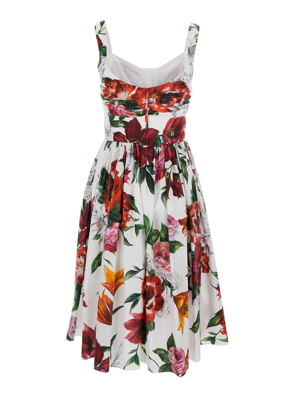 Multicolor Midi Dress with Wide Neckline and All-Over Floral Print in Cotton Woman
