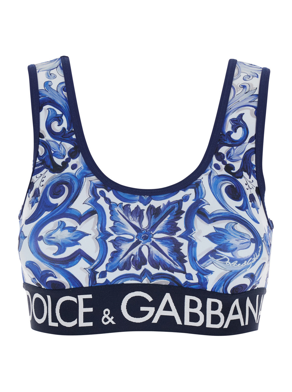 Multicolor Sleeveless Top With Logo Lettering On The Front And All-Over Maiolica Motif Tech Fabric Stretch Woman Blu Tops
