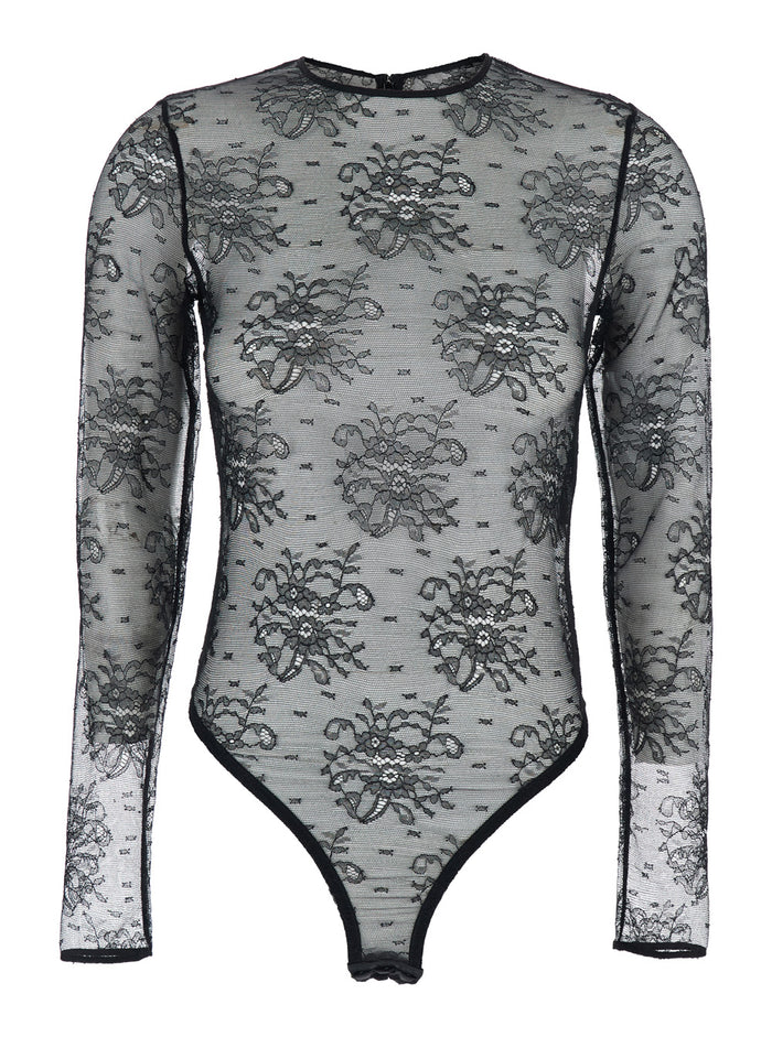 Black Bodysuit with All-Over Floral Embroidery and Semi-Sheer Design in Stretch Tech Fabric Woman Elastane Polyamide Viscose Tops