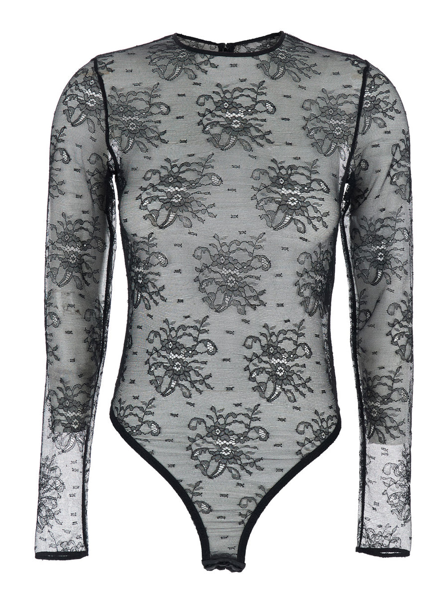 Black Bodysuit With Floral Embroidery Elastane Tops