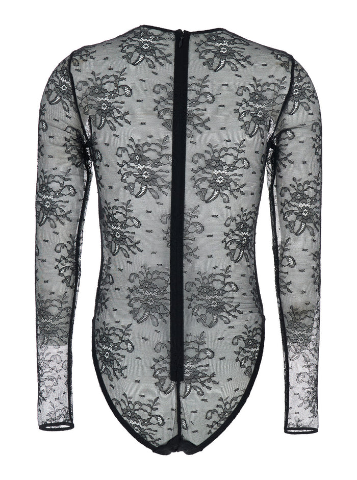Black Bodysuit with All-Over Floral Embroidery and Semi-Sheer Design in Stretch Tech Fabric Woman Elastane Polyamide Viscose Tops