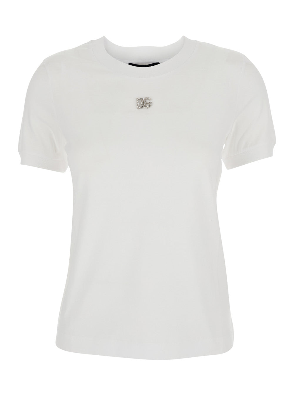 White Crewneck T-Shirt With Logo Embroidery Crystals On The Front Cotton Woman Tshirts And Polo Shirts