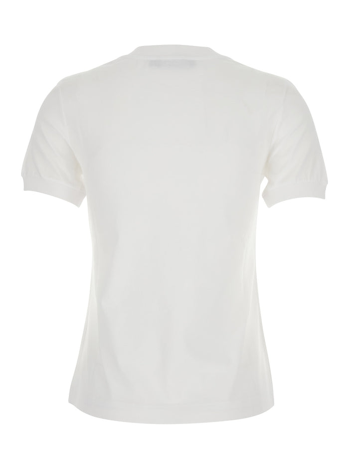 White Crewneck T-Shirt With Logo Embroidery Crystals On The Front Cotton Woman Tshirts And Polo Shirts