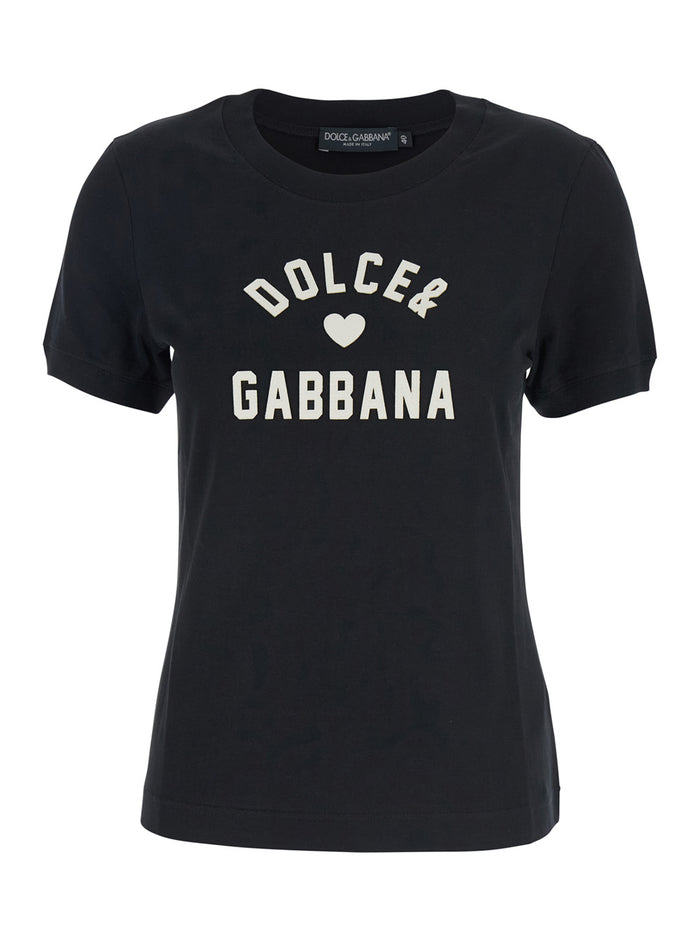 Black Crewneck T-Shirt with Maxi Logo Lettering on the Front in Cotton Woman Tshirts And Polo Shirts