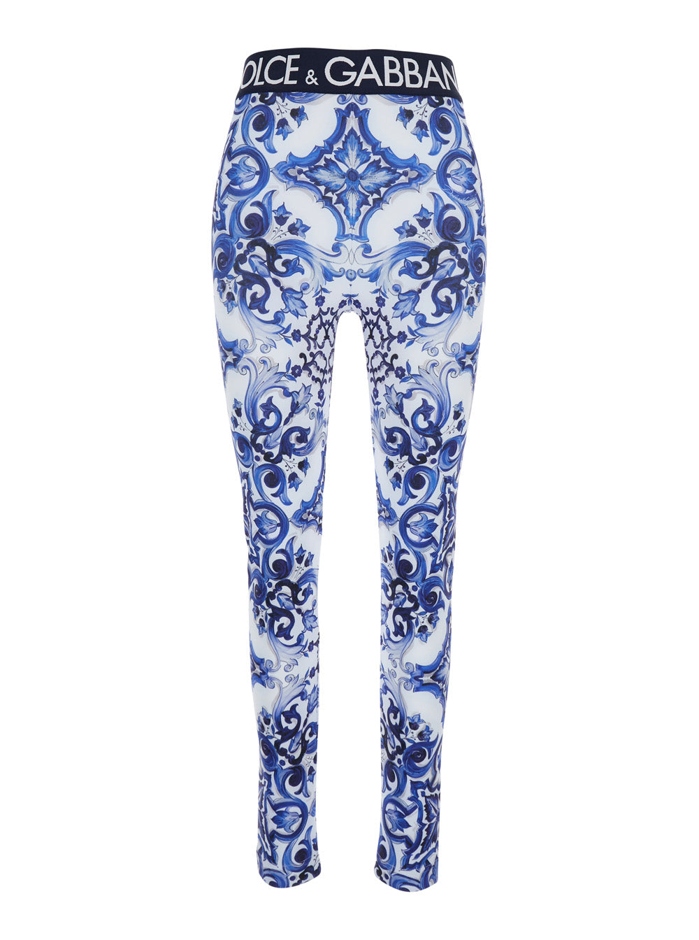 Multicolor Leggings With Logo Lettering On The Waist And All-Over Maiolica Motif Tech Fabric Woman Blu Polyamide Polyester Elastane Trousers