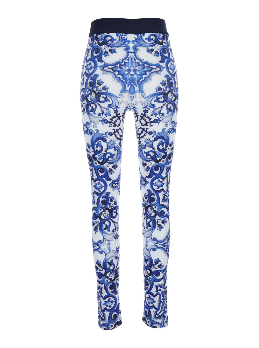 Multicolor Leggings With Logo Lettering On The Waist And All-Over Maiolica Motif Tech Fabric Woman Blu Polyamide Polyester Elastane Trousers