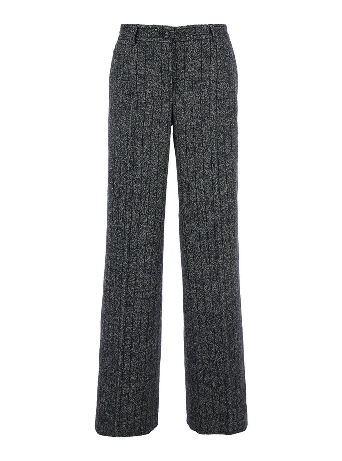 Grey Pants with Wide Leg and Pinstripe Motif in Wool Blend Stretch Woman Trousers