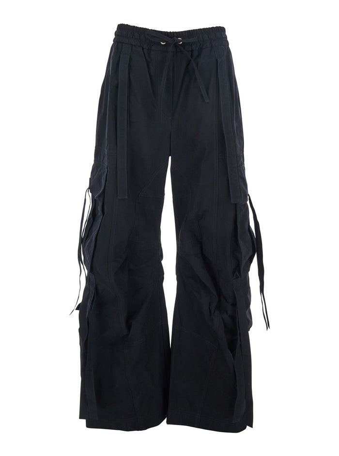 Black Cargo Pants with Elastic Waist Faded Effect in Cotton Blend Woman Polyamide Polyester Trousers