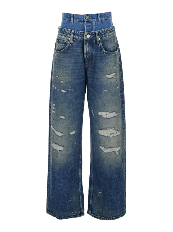 Blue Layered Design Distressed Jeans Cotton