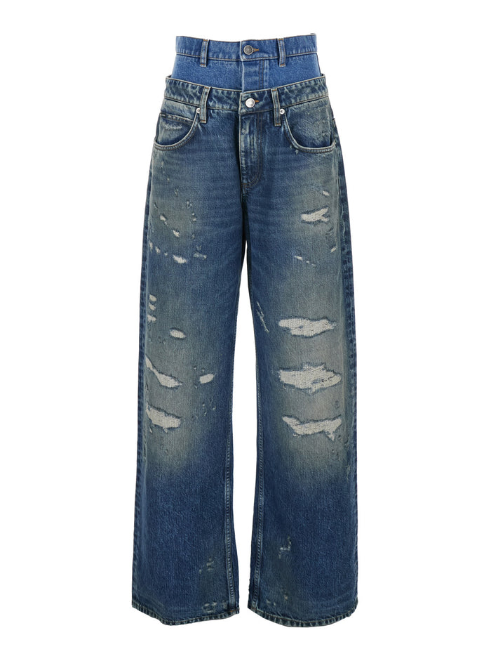 Blue Jeans with Layered Design and Distressed Ripped Effect in Denim Woman Blu Cotton