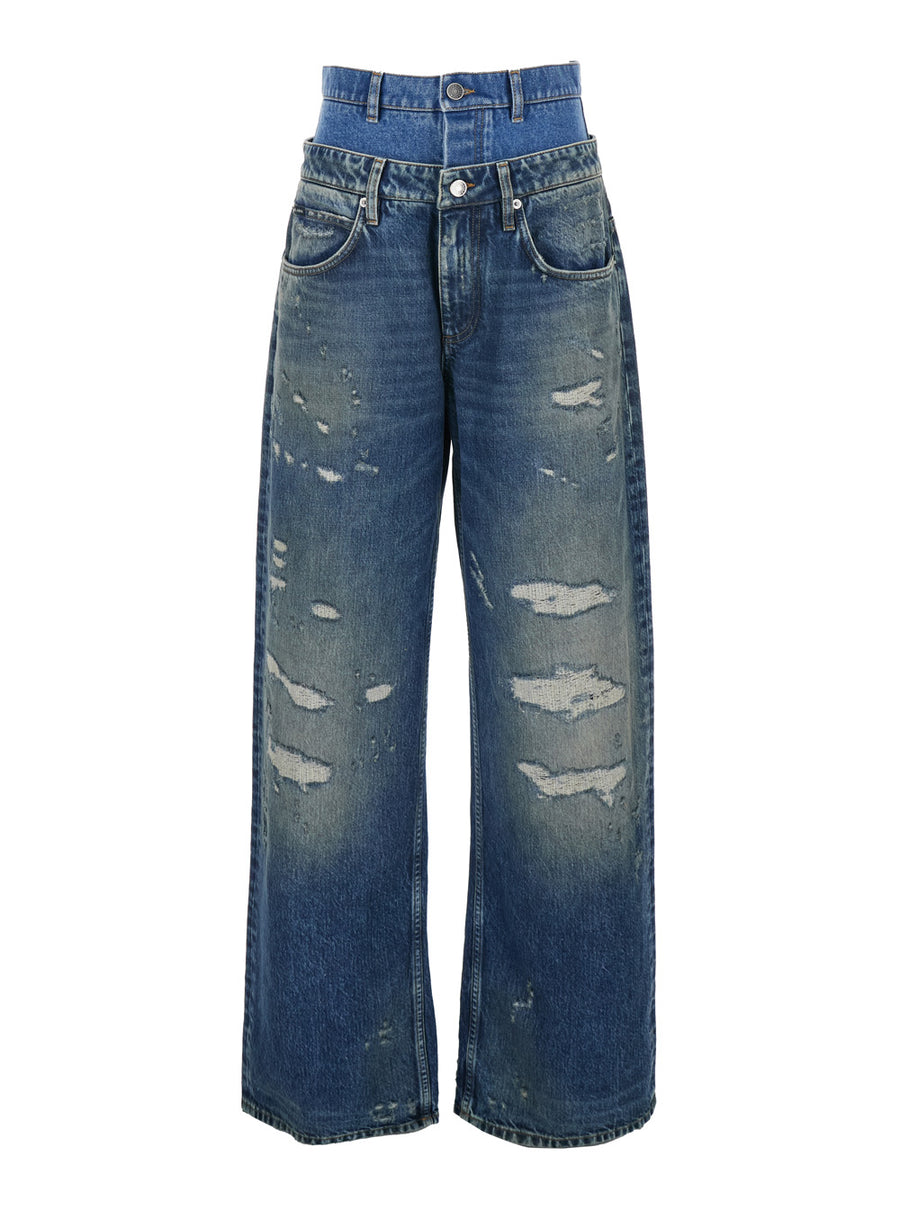 Blue Layered Design Distressed Jeans Cotton