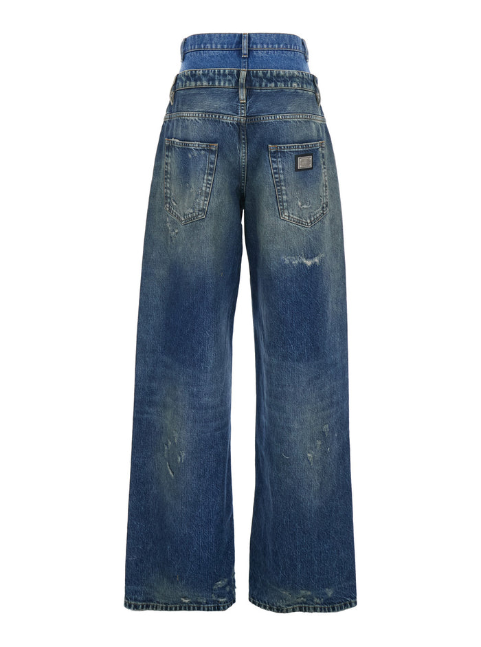 Blue Jeans with Layered Design and Distressed Ripped Effect in Denim Woman Blu Cotton